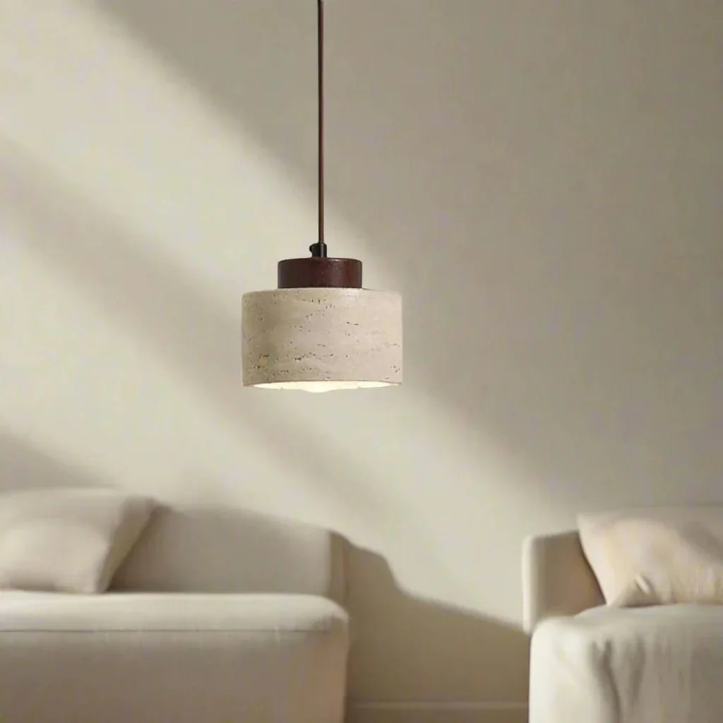 Japandi Natural Travertine Stone & Wood Pendant Light - Image 15